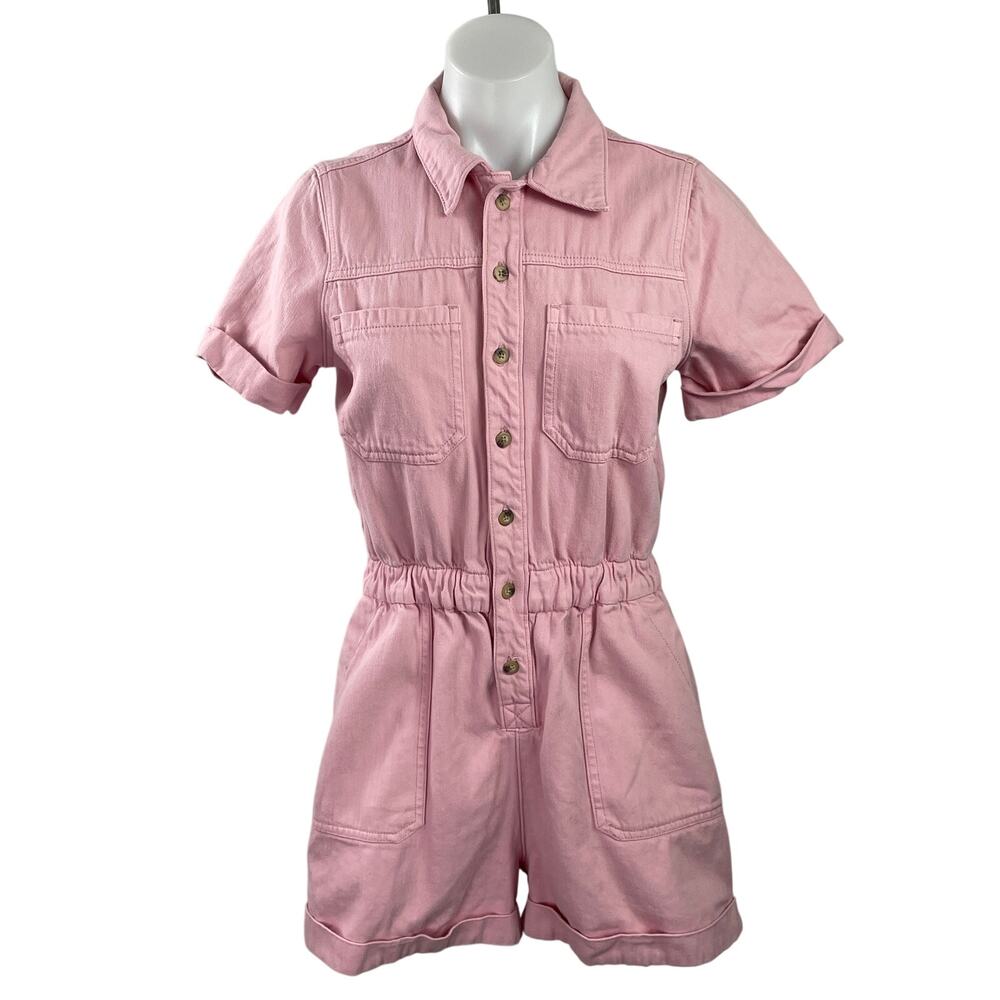 Harper Heritage Women's Pink Short Sleeve Pocket Button Up Romper Shorts Size S